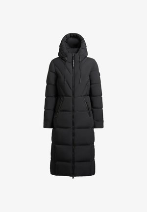 Padded black long coat with a hood, featuring a zip closure, two side pockets, and a chevron quilted design. Smooth fabric texture.