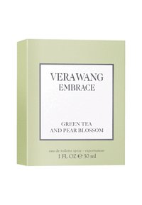 Vera Wang Embrace, grön ask med en slät yta, har en vit etikett med grå kant. Texten inkluderar "Grönt te och päronblomma", 30 ml.