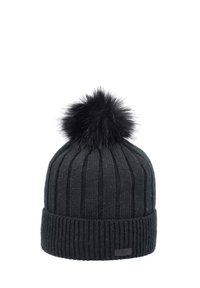Sort strikket hue med ribbet tekstur, prydet med en blød sort faux fur pom-pom på toppen og en opslået kant med en lille logo accent.