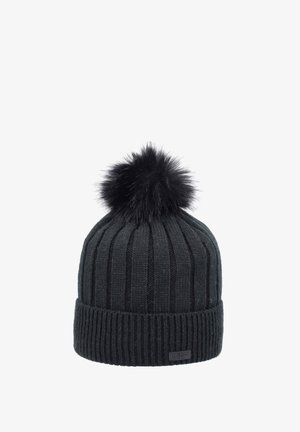 Sort strikket hue med ribbet tekstur, prydet med en blød sort faux fur pom-pom på toppen og en opslået kant med en lille logo accent.