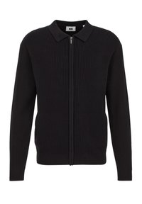 Zwarte geribbelde gebreide sweater met een ritssluiting aan de voorkant, kraag en lange mouwen. Zachte textuur en een getailleerd ontwerp met een verlengd silhouet.
