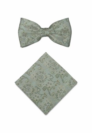 Hellgrüne Seidenfliege und passendes Einstecktuch mit filigranen Blumen- und Paisley-Musttern auf weißem Hintergrund.