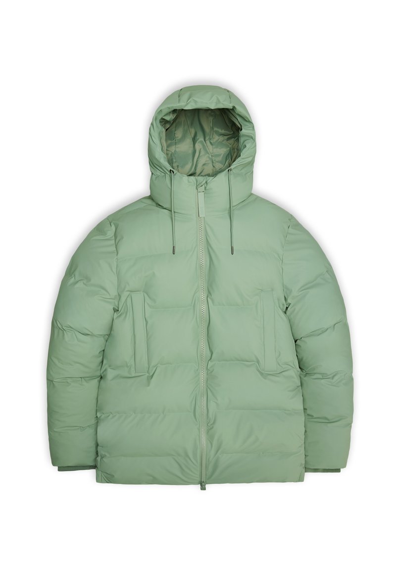 Veste matelassée vert clair avec capuche, fermeture éclair à l'avant, cordons de serrage et deux poches verticales, présentée sur un fond blanc.