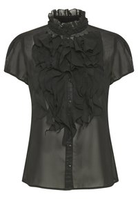 Blusa nera trasparente con colletto alto arricciato, maniche corte a cappuccio e patta frontale. Dettaglio arricciato al centro che aggiunge texture.