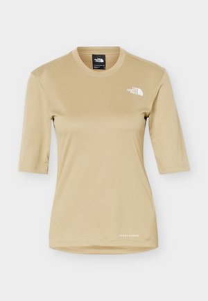 Μπεζ, αθλητική μπλούζα με κοντά μανίκια και υφή, στρογγυλή λαιμόκοψη, λογότυπο The North Face στο στήθος και σήμανση "Lightrange" κοντά στη ραφή.