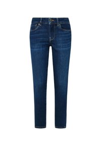 Mörkblå slim-fit jeans med knapp och dragkedja framtill, med fem fickor och kontrastsömmar.