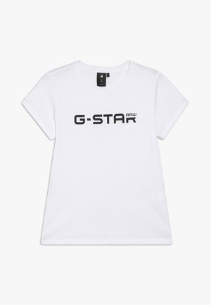 Biała koszulka z krótkim rękawem i okrągłym dekoltem, z czarnym logo G-STAR RAW na środku z przodu.