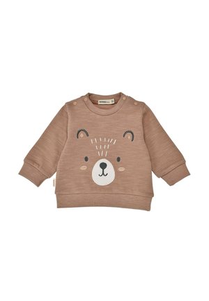Brauner Baby-Pullover mit langen Ärmeln, Druckknöpfen an den Schultern und einem Bären-Gesichtsmotiv auf der Vorderseite.