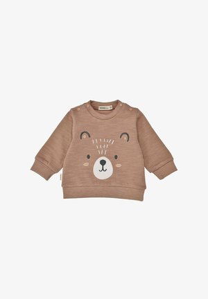Brauner Baby-Pullover mit langen Ärmeln, Druckknöpfen an den Schultern und einem Bären-Gesichtsmotiv auf der Vorderseite.