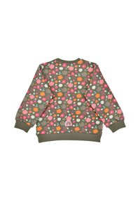 Cotton sweatshirt in olive green featuring a multicolored floral pattern, ribbed cuffs and hem, and a small rainbow logo on the back.