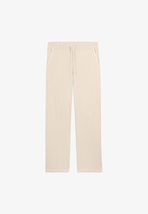 Pantaloni sportivi beige a gamba dritta con girovita elastico, coulisse e tasche laterali, mostrati su sfondo bianco.