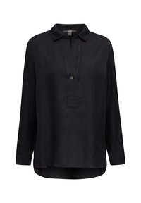 Schwarze Bluse mit langen Ärmeln und Kragen, teilweise Knopfleiste vorne und leicht abgerundetem Saum, aus leichtem Stoff gefertigt.