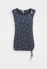 Navy blue tank top in soft fabric, featuring a polka dot and floral pattern, scoop neckline, and adjustable drawstring at the hem. Two button accents.
