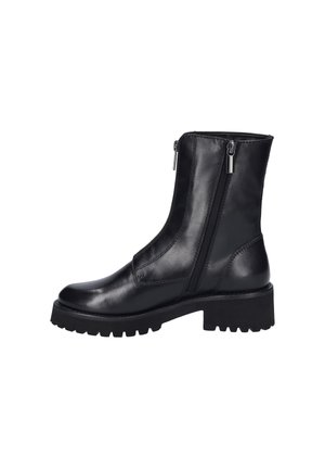 Bottines en cuir noir avec une finition lisse, des fermetures éclair sur le côté et une semelle en caoutchouc épaisse pour une meilleure adhérence. Design élégant avec un detailing minimal.