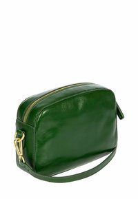 Sac bandoulière en cuir vert avec une forme arrondie, fermeture éclair dorée et une bandoulière amovible. Texture lisse avec un design minimaliste.