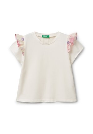 Weißes T-Shirt mit kurzen Ärmeln und pastellfarbenen Rüschendetails. Aus weichem Baumwollmaterial, Rundhalsausschnitt und lockerer Schnitt.