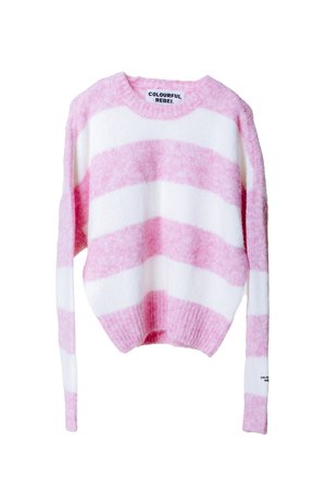 Maglione a righe rosa e bianche realizzato in un morbido materiale peloso. Presenta un orlo e polsini a coste, un colletto rotondo e un'etichetta del marchio visibile.