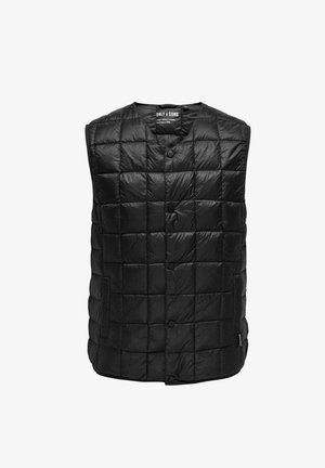 Gilet matelassé noir avec un design en losange, col rond, fermetures à boutons sur le devant et isolation en duvet légère pour la chaleur.