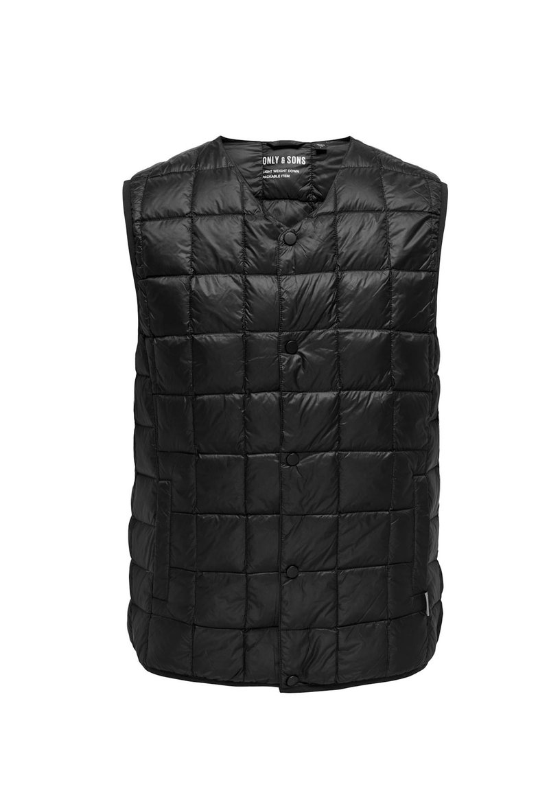 Chaleco negro acolchado con diseño de rombos, cuello redondo, cierre frontal con botones y aislamiento ligero de plumas para abrigar.
