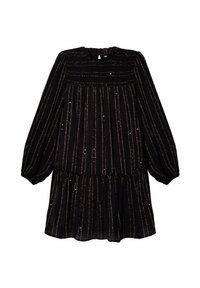Vestido negro con mangas largas abullonadas, falda plisada y rayas verticales metálicas doradas en toda la prenda. Incluye un detalle de cuello con volantes.