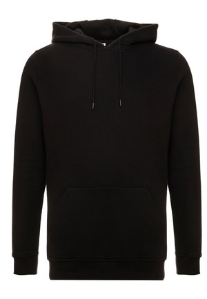 Czarna bluza z kapturem wykonana z miękkiego materiału. Posiada kieszeń typu kangur, regulowane sznurki oraz ściągacze przy mankietach i dolnym brzegu. Prosty design.