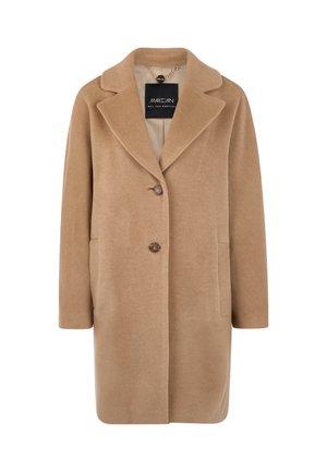 Beiger Wollmantel mit Reverskragen, zwei Knöpfen, seitlichen Taschen und einer glatten Textur. Etikett im Kragen sichtbar.