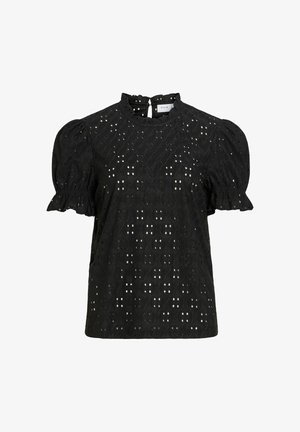 Blouse noire à manches courtes avec œillets, manches bouffantes, poignets volantés, col haut et fermeture à bouton avec ouverture dos.