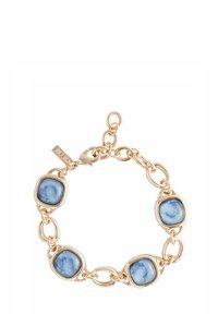Gold-tone metal bracelet featuring four square blue stones, alternating with oval links, with a secure lobster clasp closure.