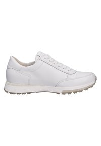 Weiße Leder Sneaker mit glatter Textur, niedrigem Profil, runder Zehenpartie, schnürbarem Design mit sechs Ösen und Gummisohle.