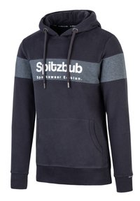 Navy hoodie with gray horizontal stripe, front pocket, drawstring hood, and "Spitzbub Sportswear Edition" graphic in white.