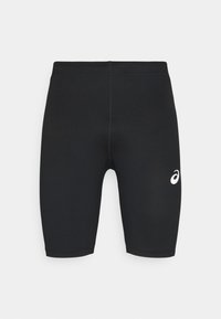 Svarta atletiska shorts med en slät yta, passande design och vit logotyp på vänster sida. Inga synliga fickor eller hårdvarudetaljer.