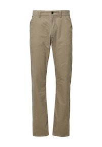 Beige katoenen broek met een rechte pasvorm, voorzien van een knoopsluiting aan de voorkant, riemlussen en twee zijzakken voor praktische bruikbaarheid.