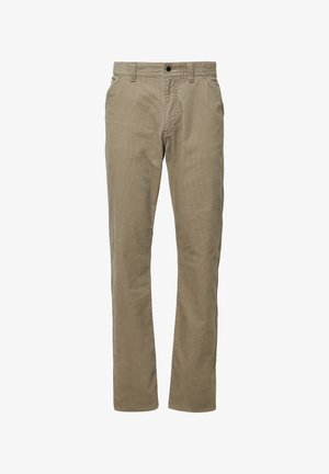 Pantalons en coton beige à coupe droite, avec une fermeture à bouton sur le devant, des passants de ceinture et deux poches latérales pour plus de praticité.