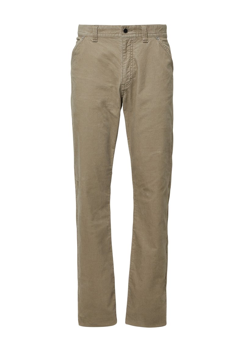 Beige katoenen broek met een rechte pasvorm, voorzien van een knoopsluiting aan de voorkant, riemlussen en twee zijzakken voor praktische bruikbaarheid.