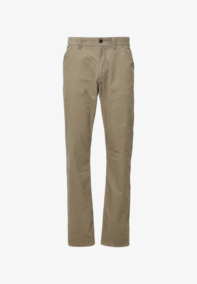 Beige katoenen broek met een rechte pasvorm, voorzien van een knoopsluiting aan de voorkant, riemlussen en twee zijzakken voor praktische bruikbaarheid.