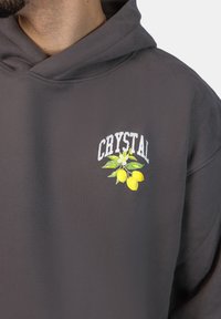 Felpa grigia con una texture morbida. Presenta un testo bianco che dice "CRYSTAL" e una grafica colorata di un limone nell'area del petto sinistro.