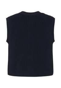 Gilet senza maniche in maglia blu marina scuro con una texture a coste e scollatura rotonda, mostrato da dietro.