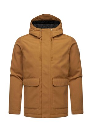 Brown hooded jacket made of textured fabric, featuring two front pockets, adjustable drawstrings, and a zippered front closure.