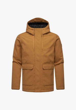 Giacca con cappuccio marrone realizzata in tessuto testurizzato, dotata di due tasche anteriori, cordini regolabili e chiusura frontale con zip.