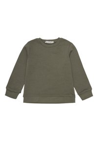 Olijfgroene sweatshirt van zacht katoen. Heeft een ronde halslijn, lange mouwen en ribgebreide boorden en zoom. Soepele textuur, minimalistisch ontwerp.