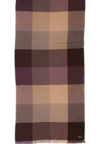 Sciarpa di lana con motivo a quadri in tonalità di viola scuro, marrone e beige. Finitura con bordi e dettagli frangiati. Texture morbida.