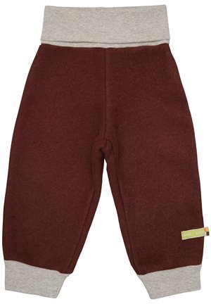 Bordeauxfarbene Fleece-Hosen mit einem grauen elastischen Bund und Bündchen. Mit einem kleinen grünen Etikett an der Seite. Weicher Griff, lässige Passform.