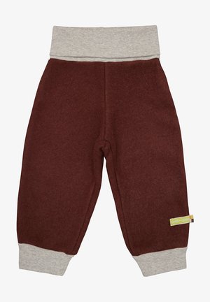 Pantaloni in pile color bordeaux con una vita elastica grigia e polsini. Presenta un piccolo etichetta verde sul lato. Texture morbida, vestibilità rilassata.