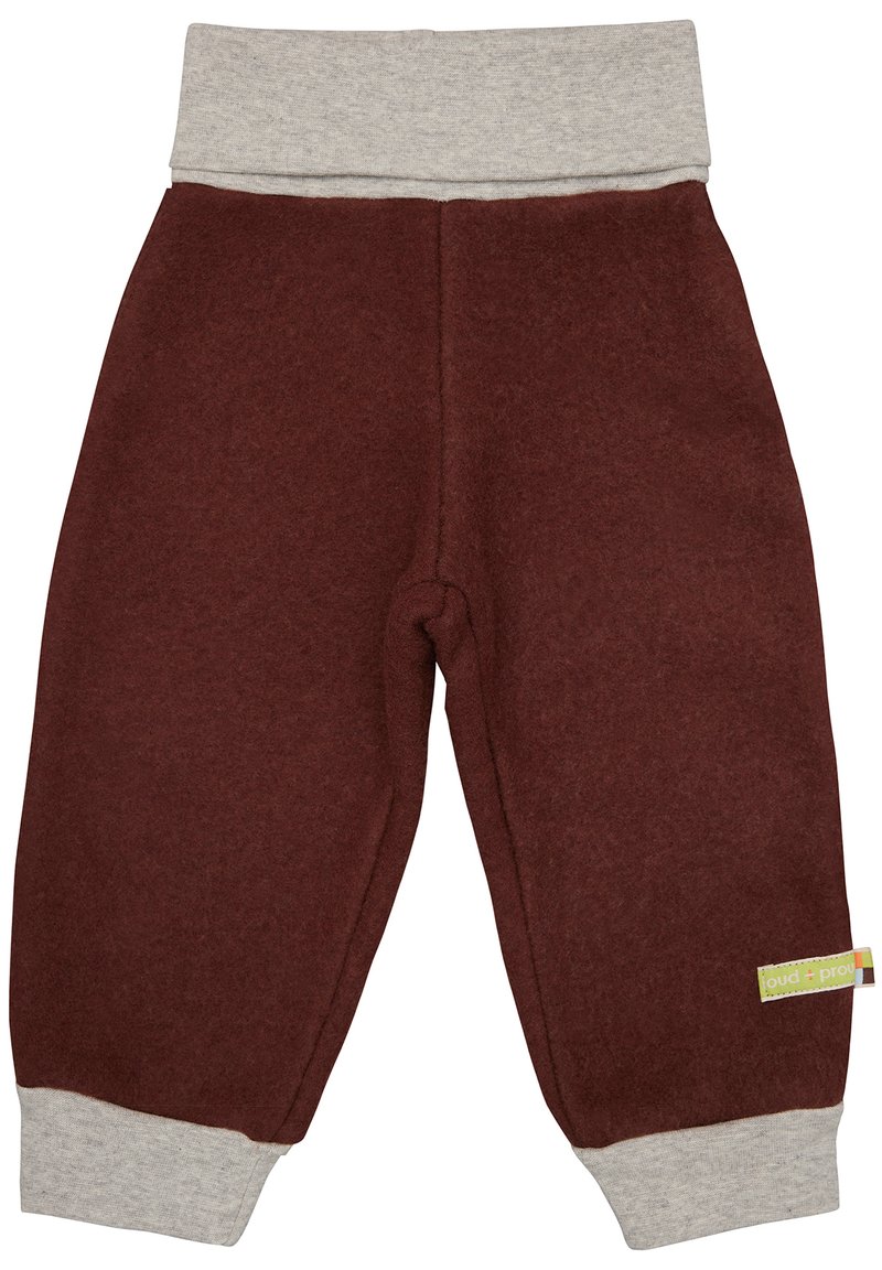 Bordeauxfarbene Fleece-Hosen mit einem grauen elastischen Bund und Bündchen. Mit einem kleinen grünen Etikett an der Seite. Weicher Griff, lässige Passform.