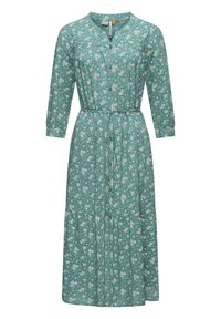 teal floral dress with long sleeves, button-down front, belted waist, and tiered skirt. Features white and orange flower patterns.