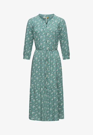 blågrønn blomstrete kjole med lange ermer, knappelukking i front, belte i midjen og lagdelt skjørt. Har hvite og oransje blomstermønstre.