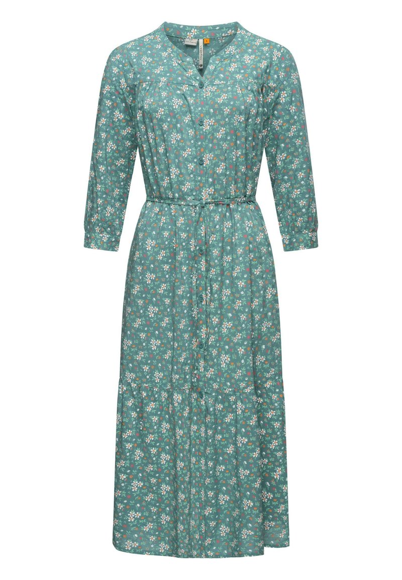 teal floral dress with long sleeves, button-down front, belted waist, and tiered skirt. Features white and orange flower patterns.