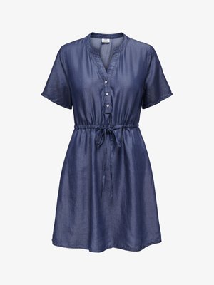 Rövid ujjú sötétkék ruha gombos V-nyakú és állítható megkötővel a derekán, könnyű anyagból készült.