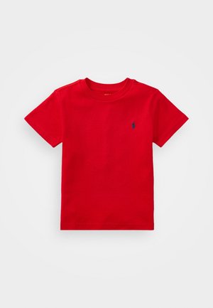 Rood katoenen T-shirt met korte mouwen, ronde halslijn en klein blauw logo op de linkerborst. Klassieke pasvorm en een gladde textuur.