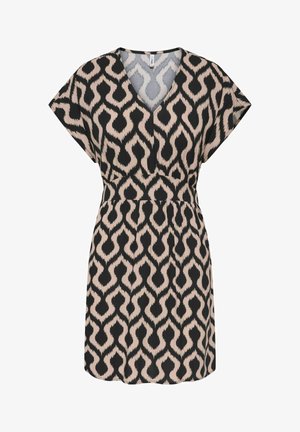 Lühikeste varrukatega kleit V-kaelusega ja vöökoha kokkusurumisega, millel on beežide ja mustade abstraktsete leegilaadsete mustritega muster.